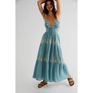 Free People womens L Embroidered Gauze Maxi Dress Teal Blue Halter Tiered Boho